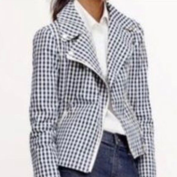 J. CREW Collection Size 8 Navy White Gingham Moto Asym Zip Jacket - Picture 9 of 13